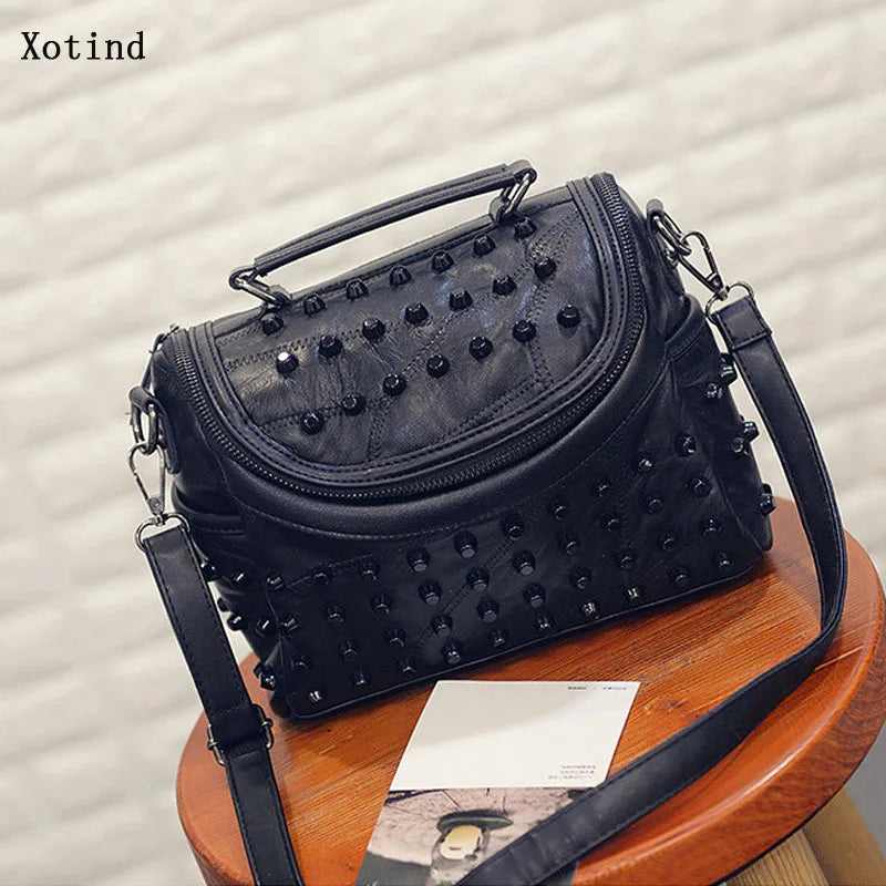 Sheepskin Leather Handbag Punk Style Rivets Messenger Crossbody Bag