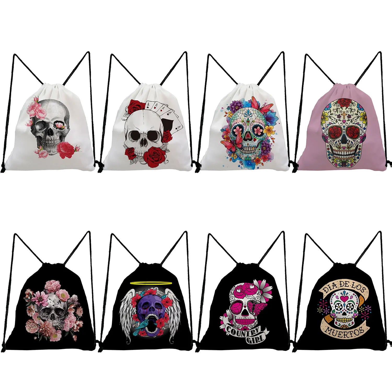 Women Backpack Halloween Candy Gift Bag Drawstring Travel Skull Floral Print