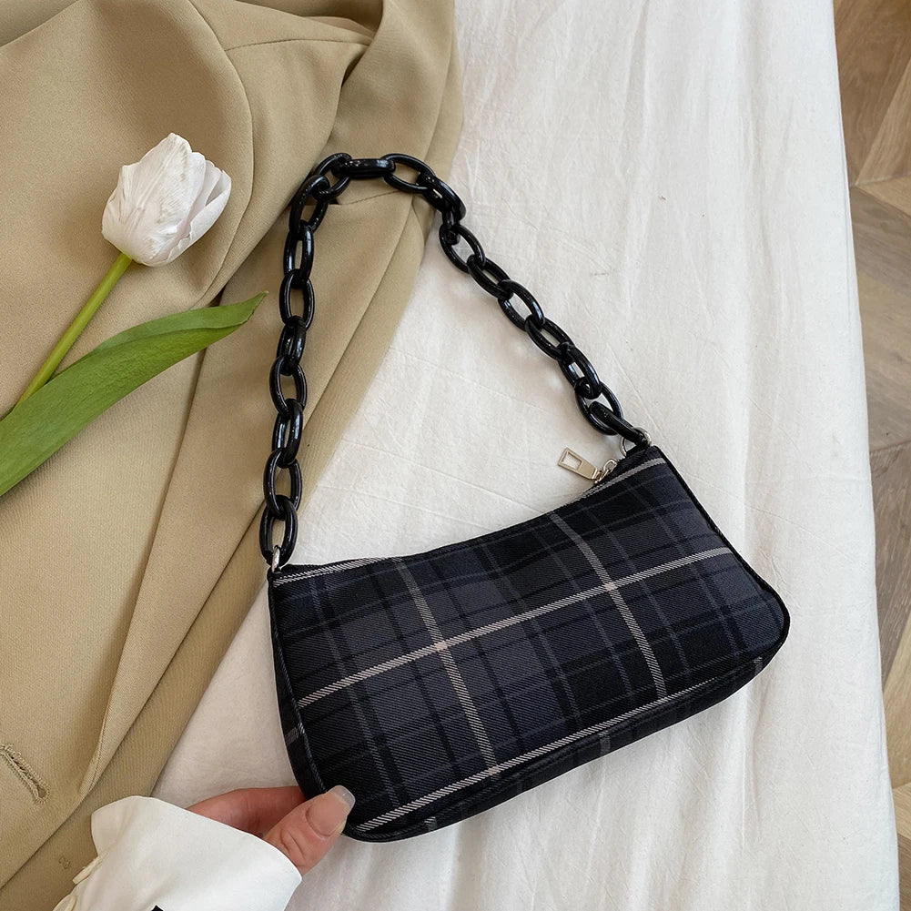 Pink Plaid Grid Printing Acrylic Chain Makeup Bag
