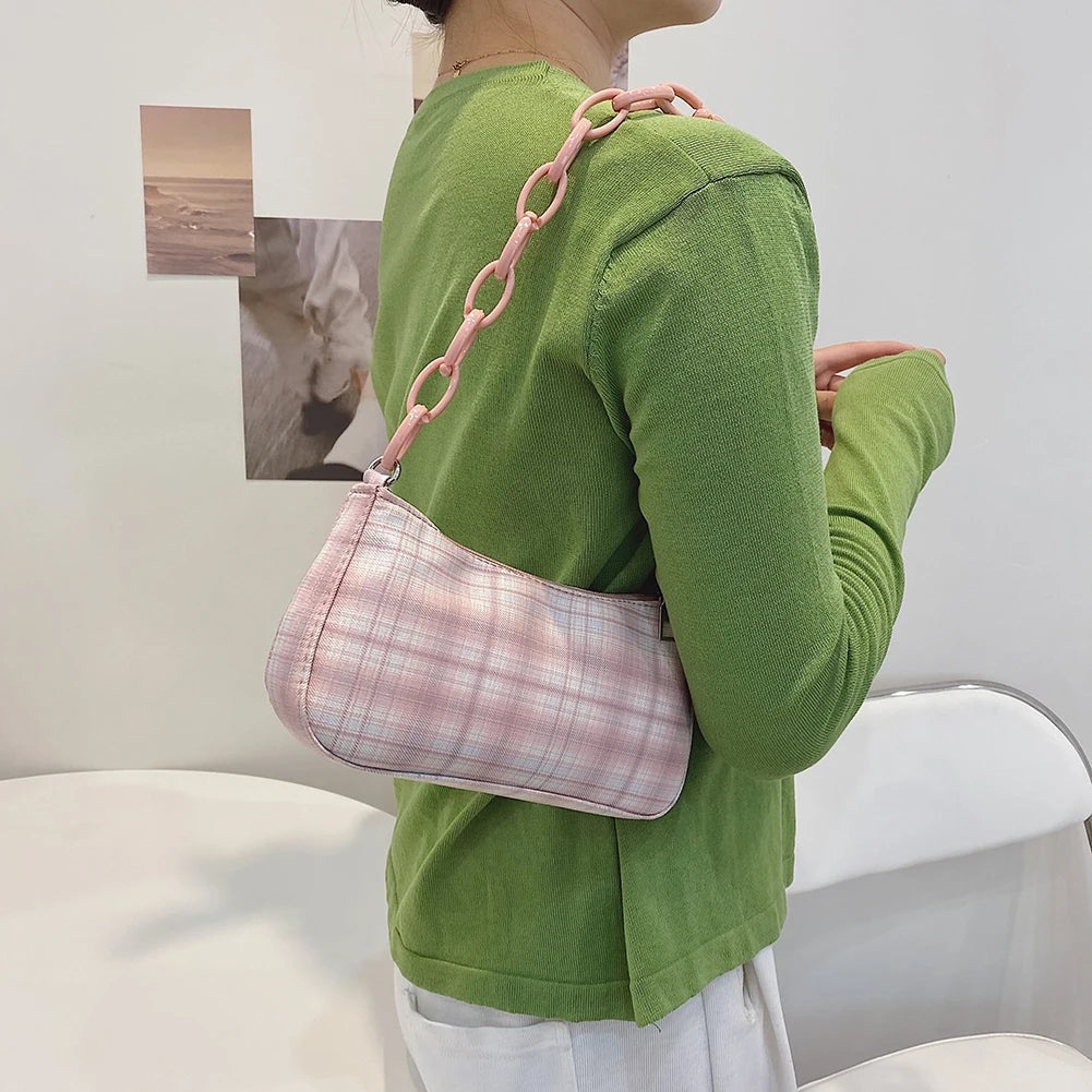 Pink Plaid Grid Printing Acrylic Chain Makeup Bag