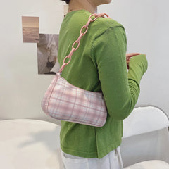 Pink Plaid Grid Printing Acrylic Chain Makeup Bag