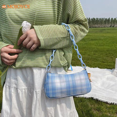 Pink Plaid Grid Printing Acrylic Chain Makeup Bag
