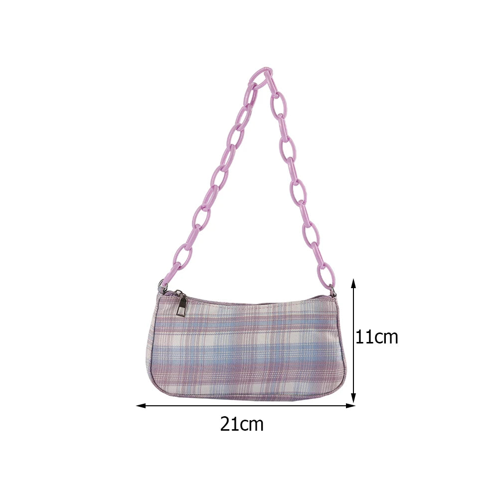 Pink Plaid Grid Printing Acrylic Chain Makeup Bag