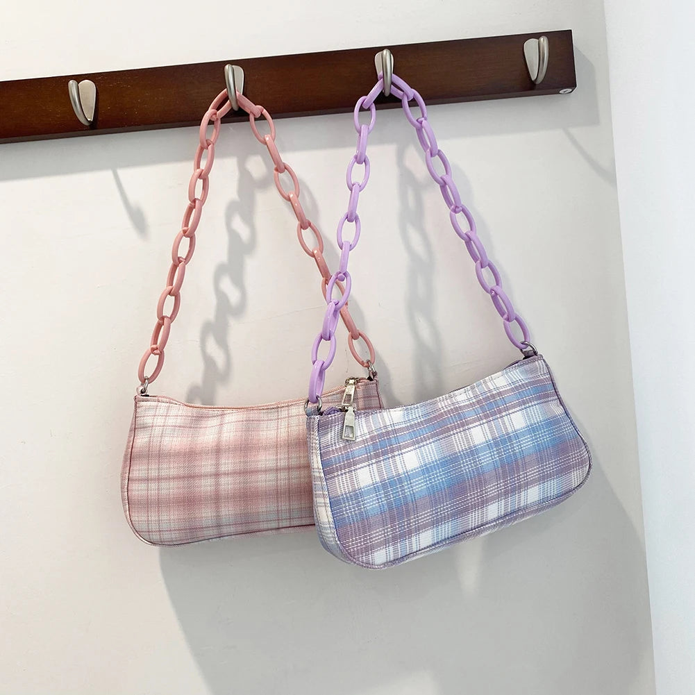 Pink Plaid Grid Printing Acrylic Chain Makeup Bag