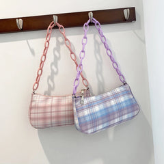Pink Plaid Grid Printing Acrylic Chain Makeup Bag