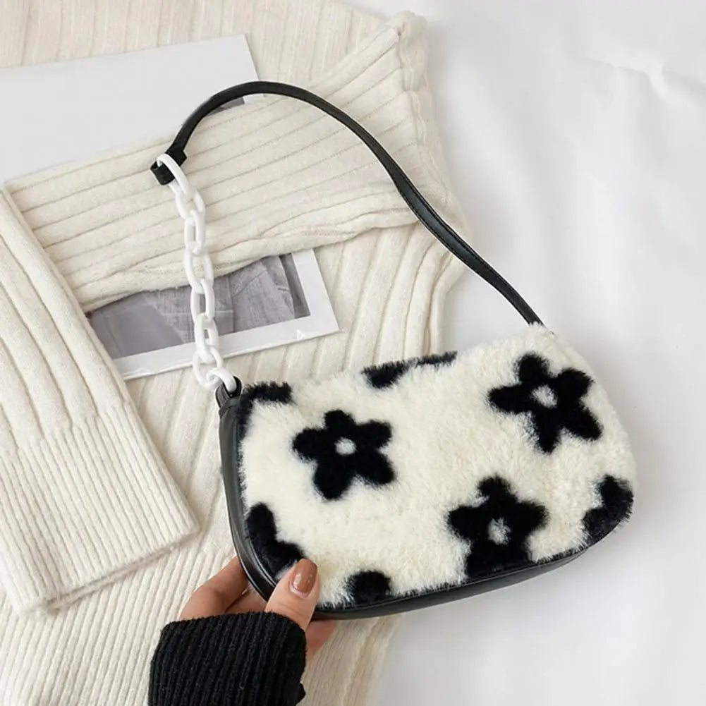 Plush Flower Pattern Shoulder Bag for Women