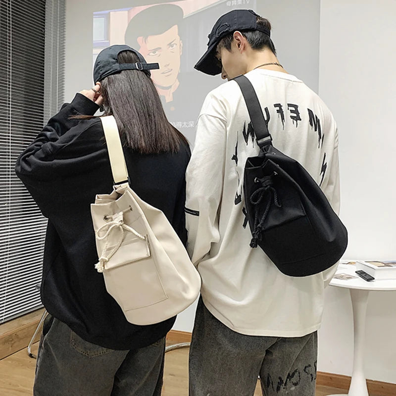 Canvas Drawstring Shoulder Bag Students Cross-body Retro Style