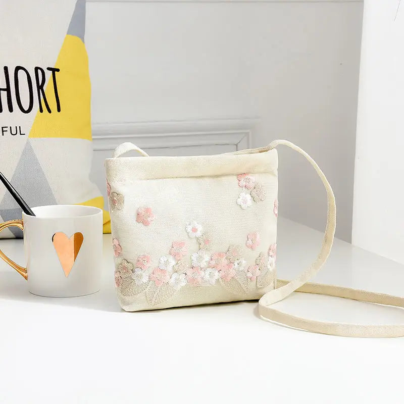 Flower Embroidery Mini Canvas Crossbody Bag Colorful Students Purses