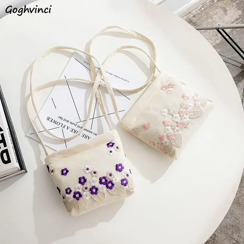 Flower Embroidery Mini Canvas Crossbody Bag Colorful Students Purses