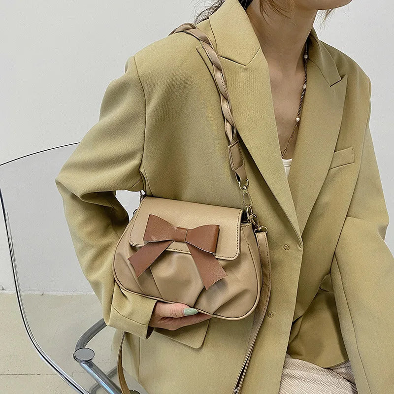 Bow Solid Small Bag Retro Pleated Diagonal Bag