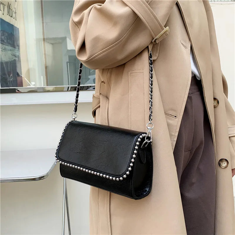Suede Shoulder Bag Chain Handbag Crossbody Purse Bead Tote Small Pocket