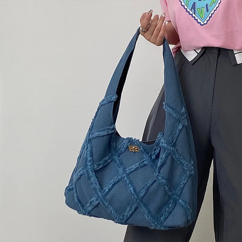 Denim Shoulder Bag for Women Lattice Tote Bags