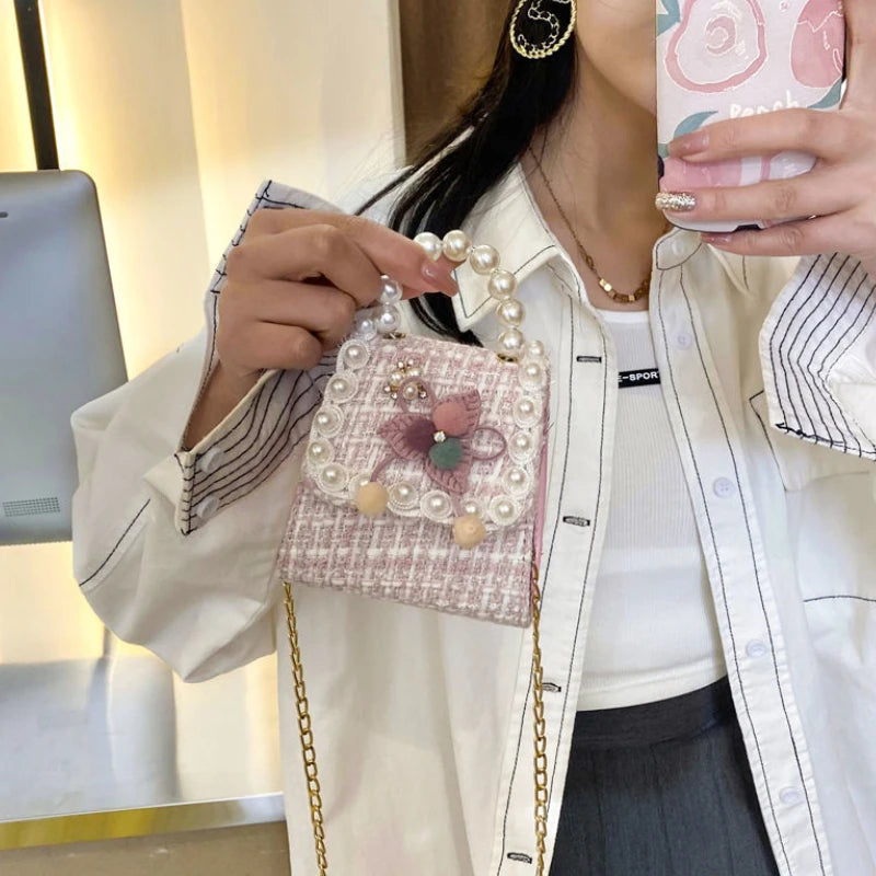 Sweet Vintage Shoulder Bag with Pearls Beading Handle