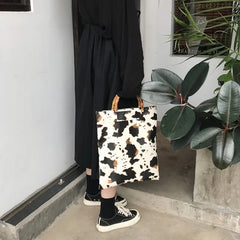 Women Bamboo Joint Handle Cow Pattern Shoulder Bag