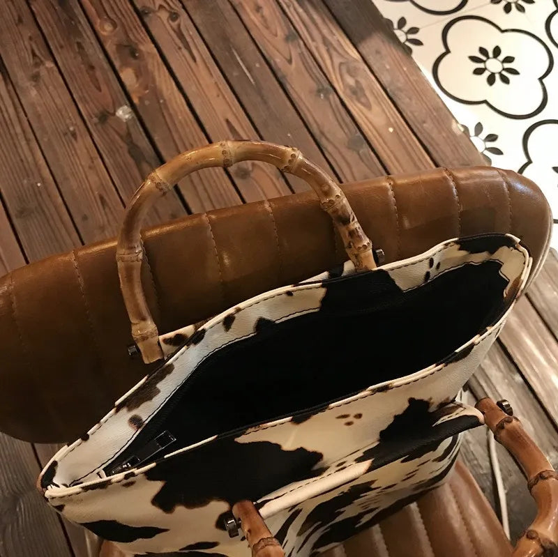 Women Bamboo Joint Handle Cow Pattern Shoulder Bag