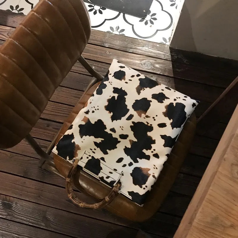 Women Bamboo Joint Handle Cow Pattern Shoulder Bag