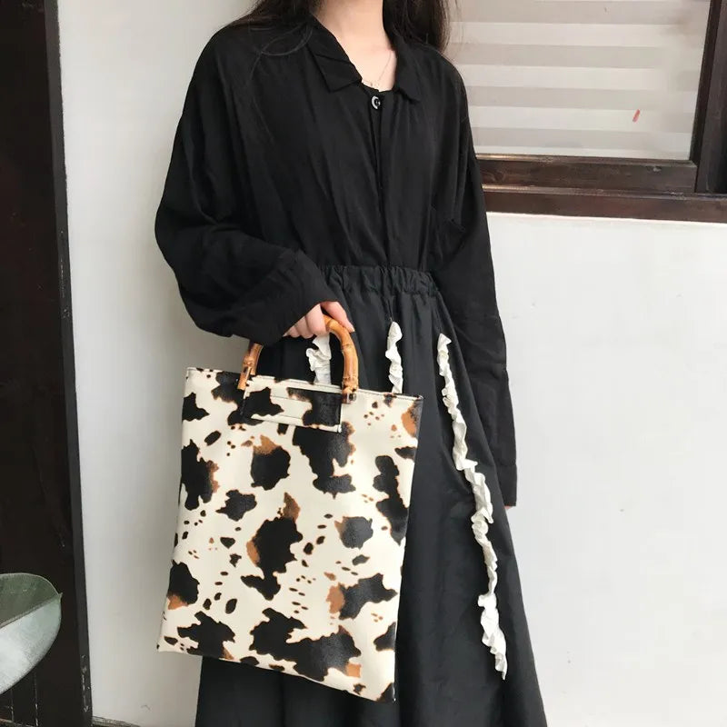 Women Bamboo Joint Handle Cow Pattern Shoulder Bag