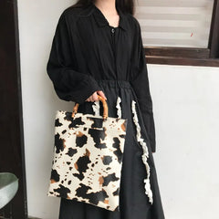 Women Bamboo Joint Handle Cow Pattern Shoulder Bag