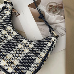 Plaid Woolen Vintage Shoulder Bag Crossbody Half Moon Students All-match