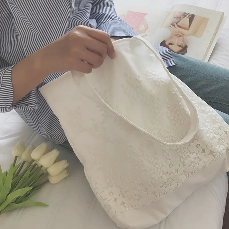 Shoulder Bag Women Canvas Lace Embroidery Student Book Sweet Casual