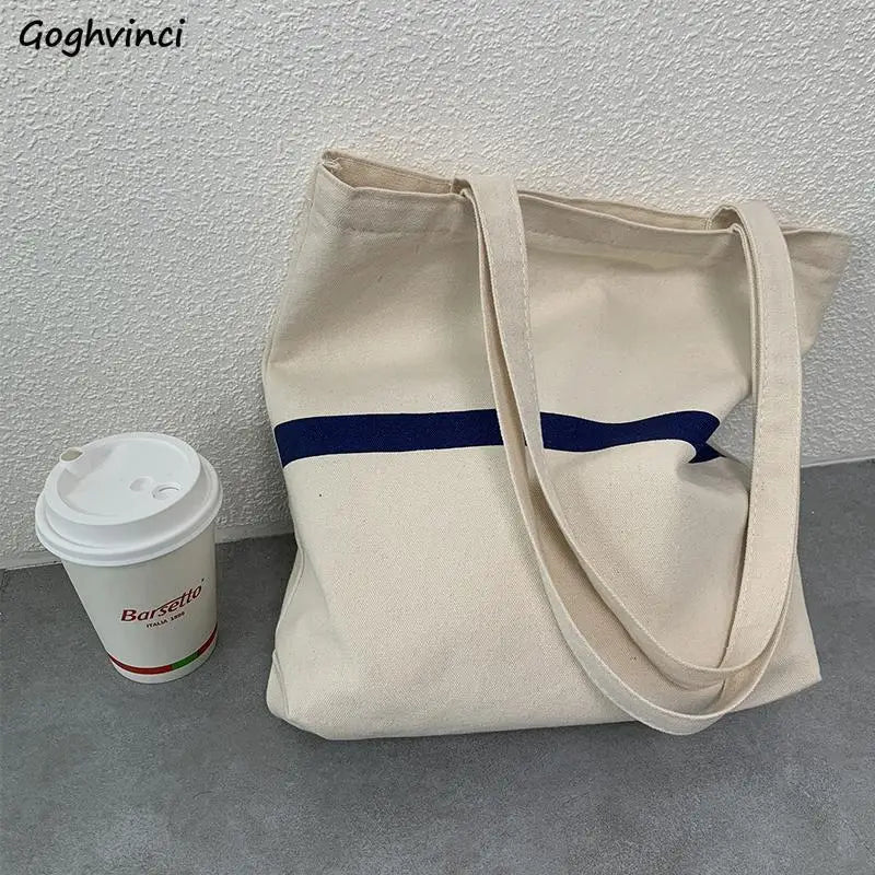 Canvas Striped Shoulder Bag Women Large Capacity Handbag