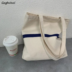 Canvas Striped Shoulder Bag Women Large Capacity Handbag