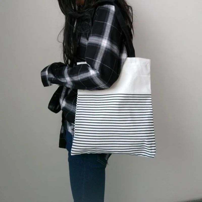 Canvas Striped Shoulder Bag Large Capacity Casual Handbag Zipper Ulzzang