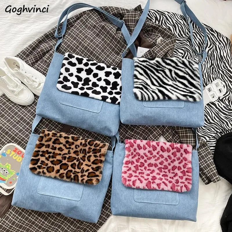 Women Denim Shoulder Bag with Leopard Print Design