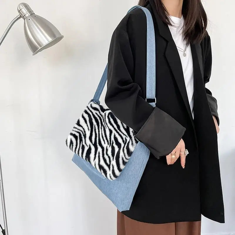 Women Denim Shoulder Bag with Leopard Print Design