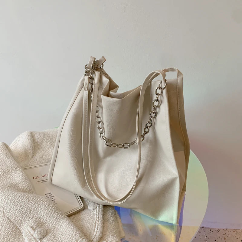 Women Chains Solid PU Leather Underarm Bag Large Capacity Handbag