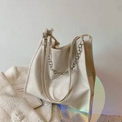 Women Chains Solid PU Leather Underarm Bag Large Capacity Handbag
