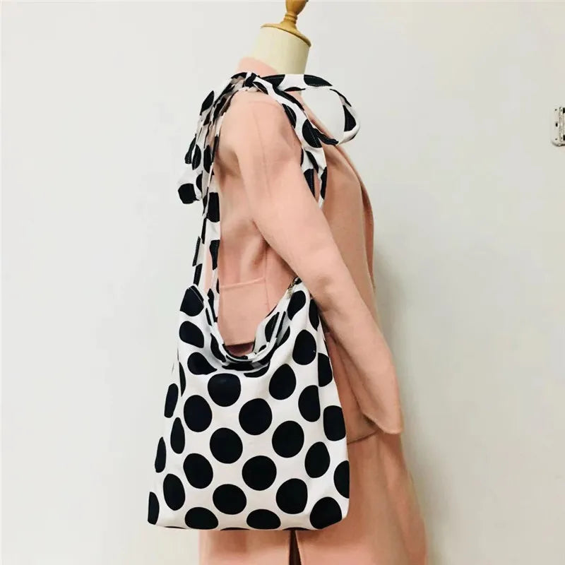 Women Dots Canvas Cross-body Tote Zipper Sweet All-match Large Capacity Bag