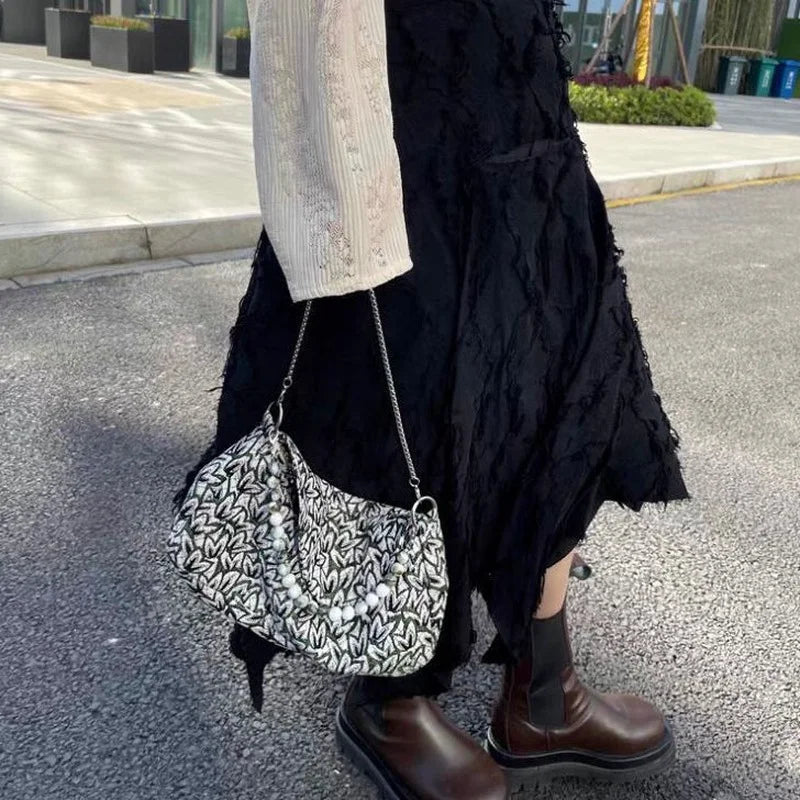Shoulder Bag Women Maple Leaf Jacquard Beading Crossbody High Ladies