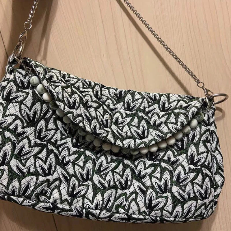 Shoulder Bag Women Maple Leaf Jacquard Beading Crossbody High Ladies
