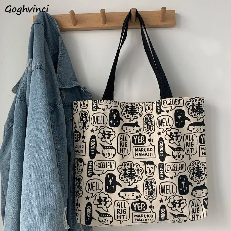 Women Cartoon Printed Canvas Shoulder Bag Large Capacity Bookbag