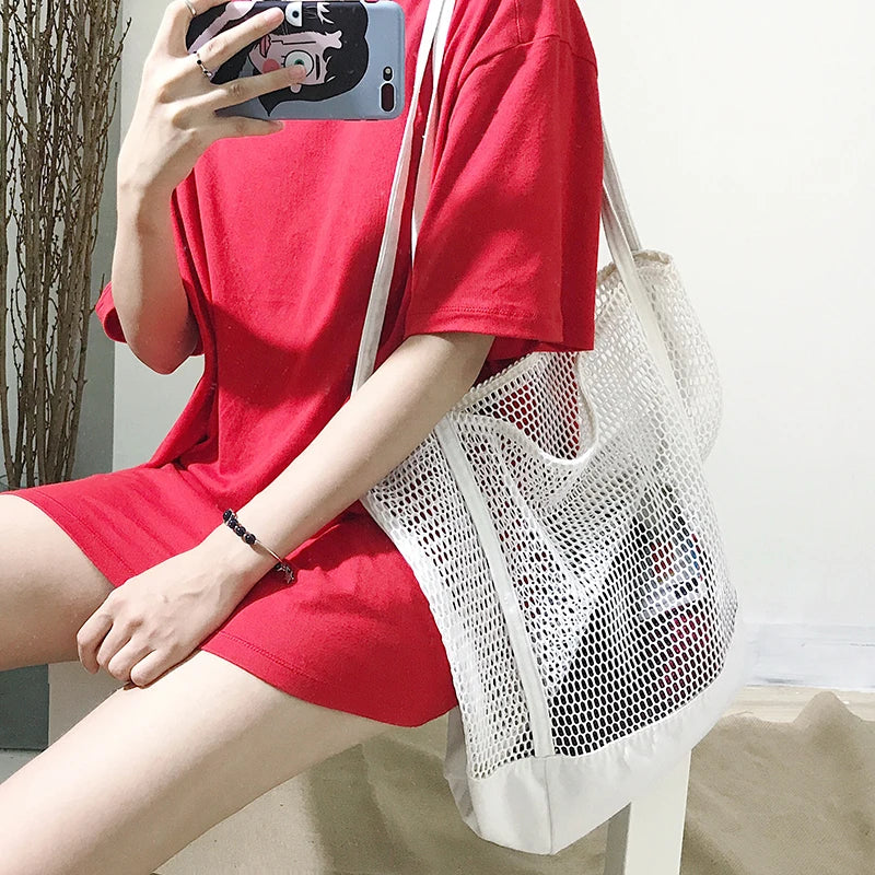 Women Large Capacity Shoulder Bag Hollow Out Casual Tote Handbag
