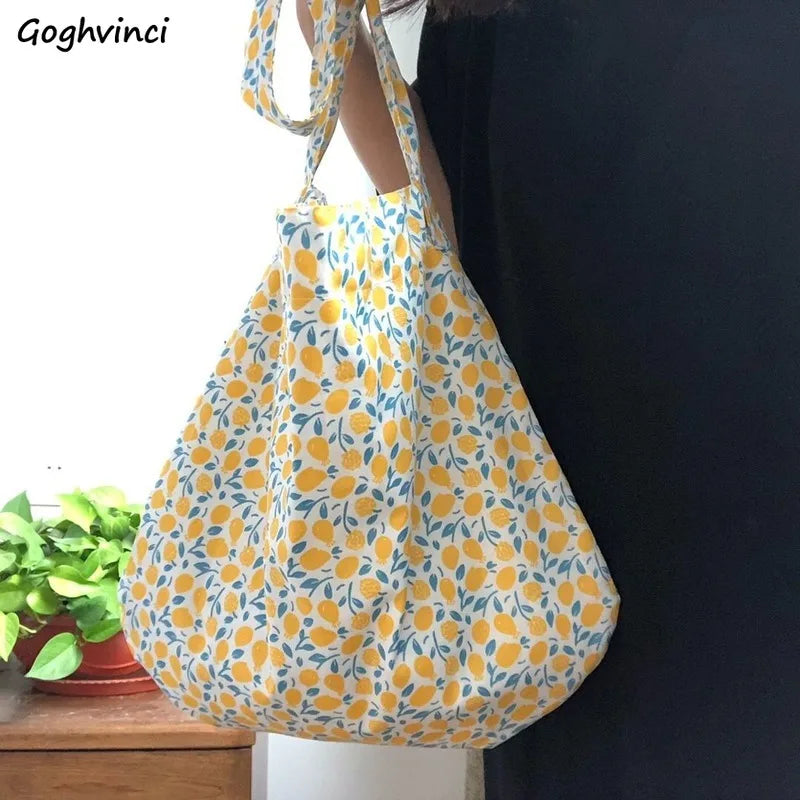 Lemon-printed Shoulder Bag Women Cotton Big Capacity Satchel