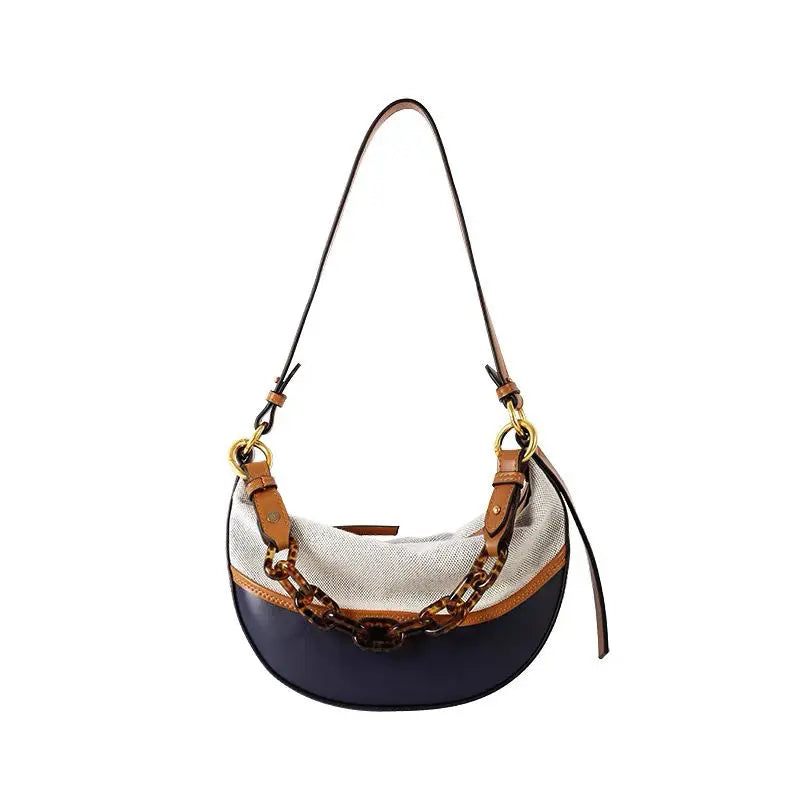 Vintage Style Shoulder Bag Women Patchwork Half Moon Zipper