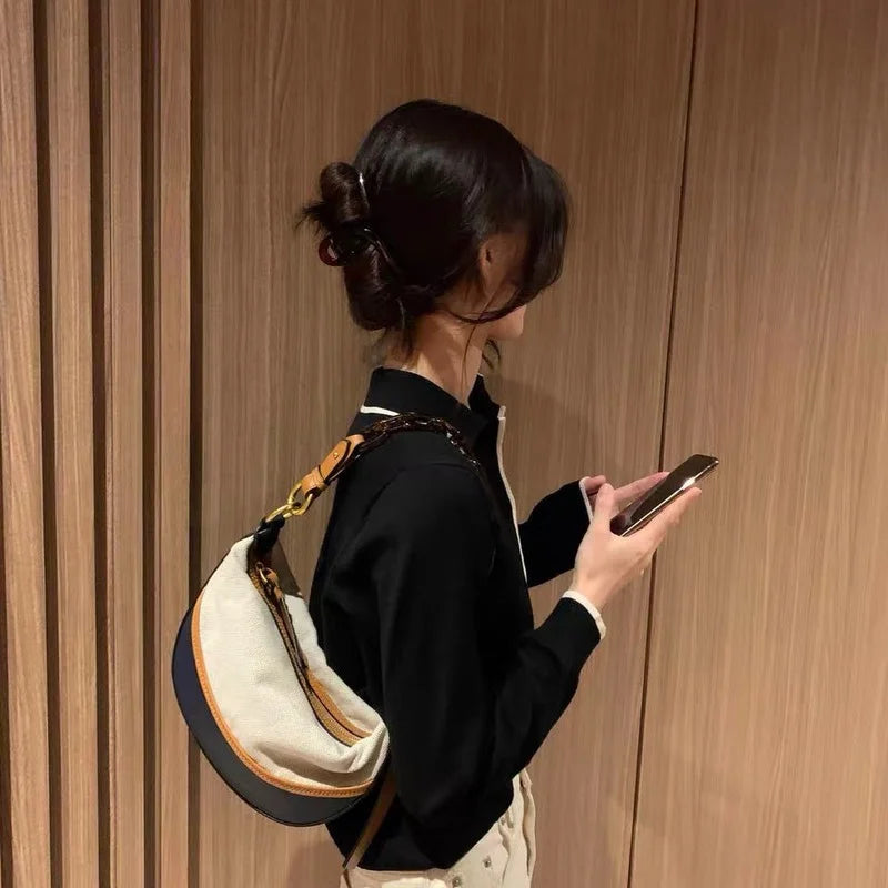 Vintage Style Shoulder Bag Women Patchwork Half Moon Zipper