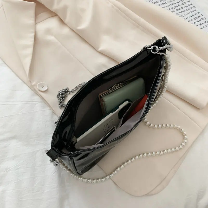 Women Patent Leather Butterfly Diamonds Flaps Texture Pearls Handbag