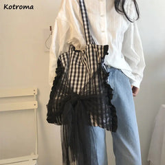 Plaid Canvas Vintage Shoulder Bag Large Capacity Tote