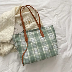 Plaid Zipper Vintage Shoulder Bag Women Large Capacity Casual Tote