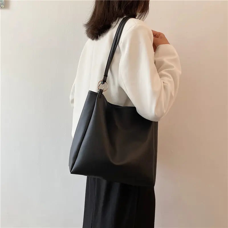 Large Capacity PU Leather Shopping Bag Ladies Tote Retro Vintage Style