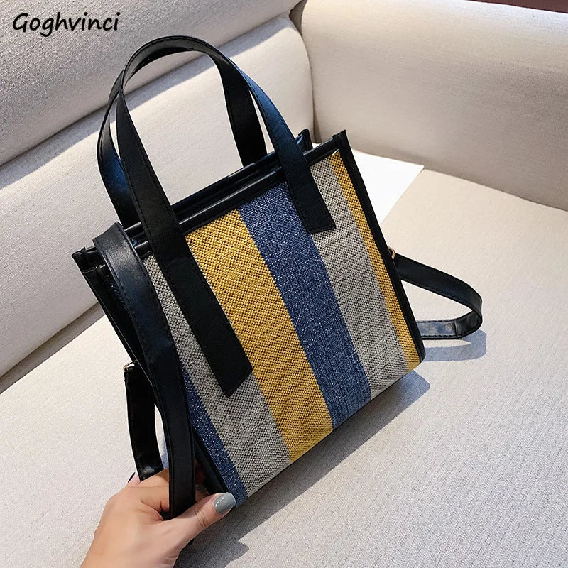 Women's Striped Canvas Shoulder Bag Fashionable Casual Totes