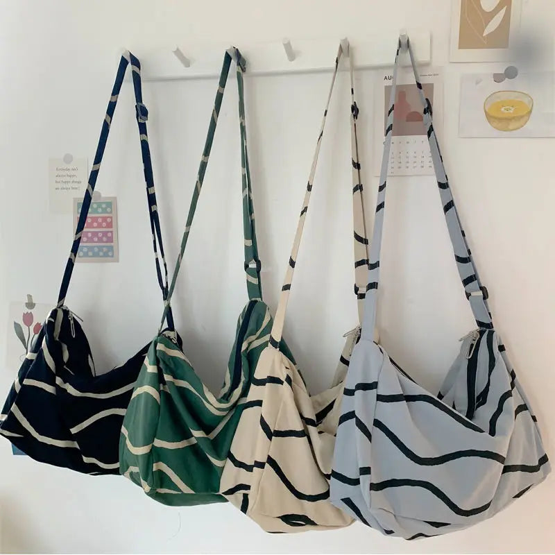 Shoulder Bags Women Striped Zipper Large Capacity Canvas Crossbody Bag