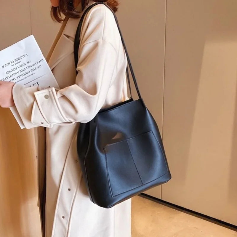 Shoulder Bags Women Thread Pockets Buckets PU Leather Big Capacity OL Handbags