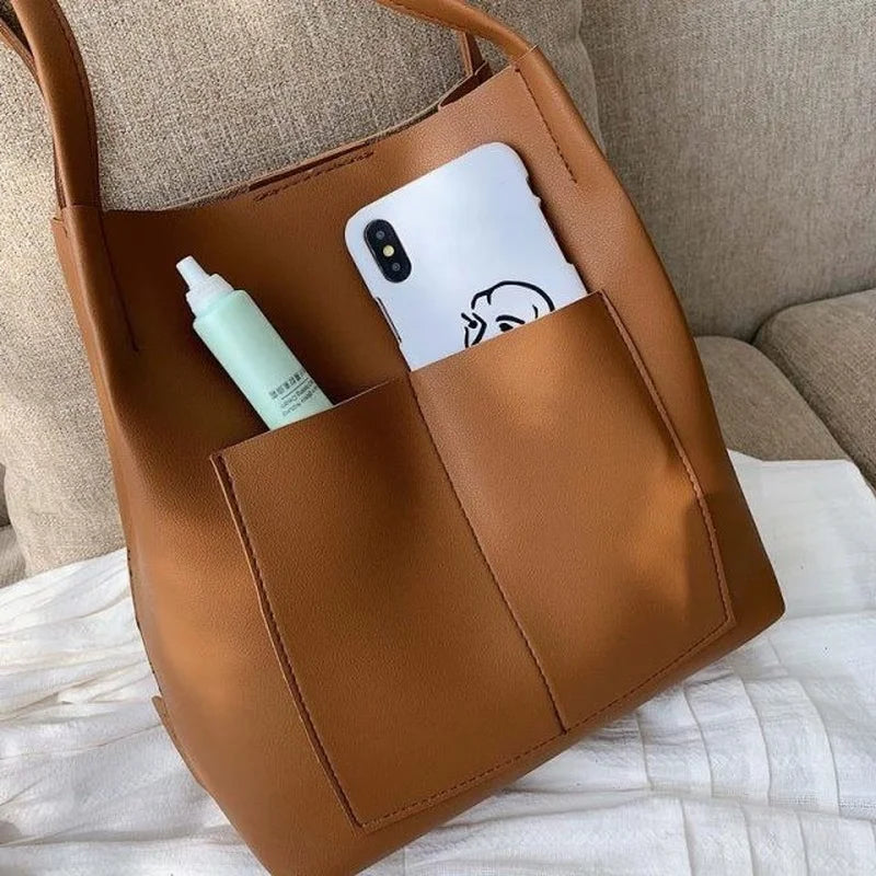 Shoulder Bags Women Thread Pockets Buckets PU Leather Big Capacity OL Handbags