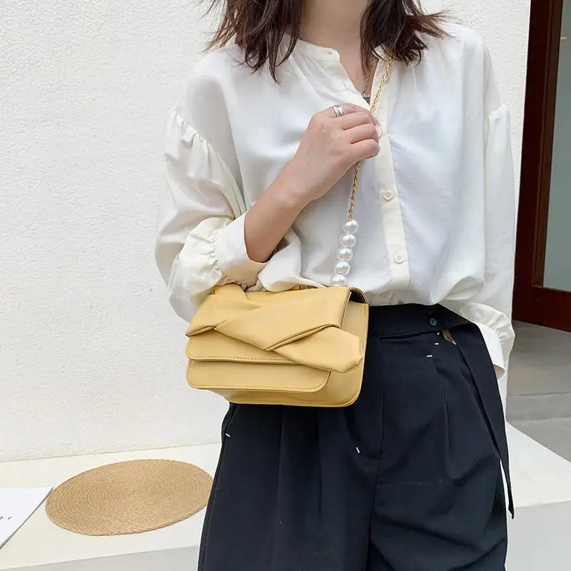 Pearls Chain Shoulder Bag Lady Cross Body Bow Flap PU Leather