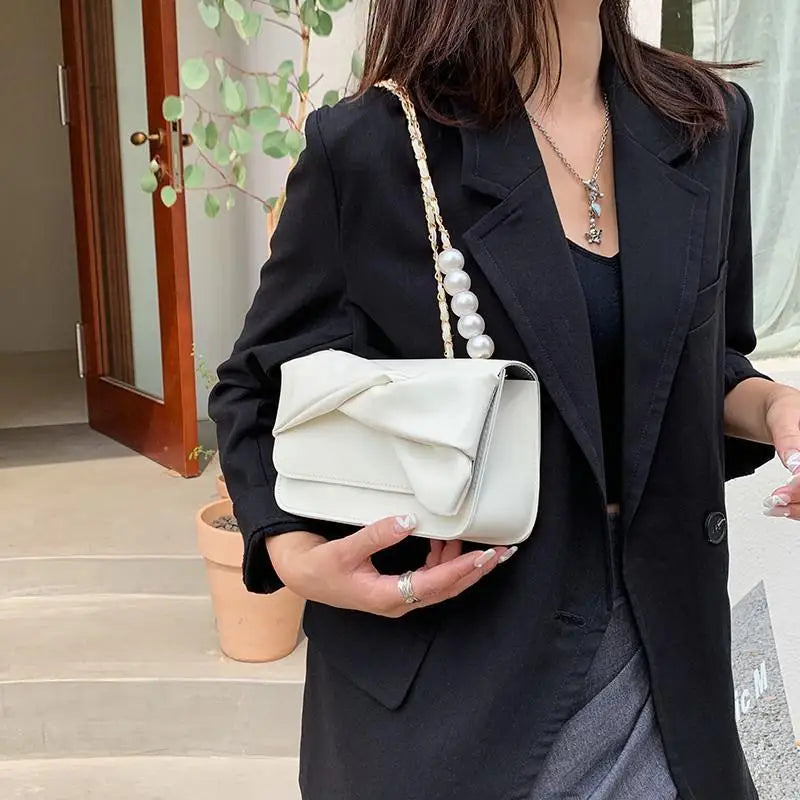Pearls Chain Shoulder Bag Lady Cross Body Bow Flap PU Leather