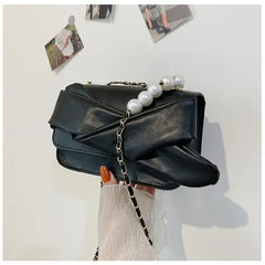 Pearls Chain Shoulder Bag Lady Cross Body Bow Flap PU Leather